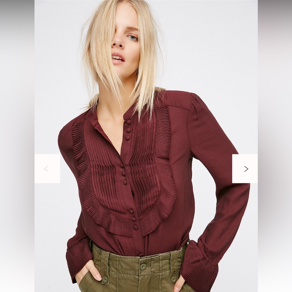 FREE PEOPLE Ruffle Pintuck Burgundy Blouse Size S